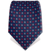 Cravate bleu nuit à motifs géométriques rouges et gris