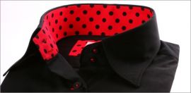 Chemisier noir à col et poignets mousquetaires à pois noirs sur fond rouge