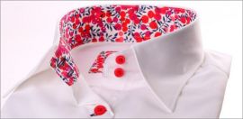 Chemisier blanc à col et poignets en tissu Liberty fuchsia et bleu 