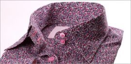 Chemisier Liberty mauve, rose et bleu à manches trois quarts, revers des manches Vichy rose