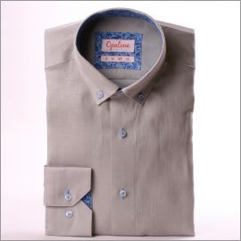 Chemise en lin gris à col et poignets à motifs bleus