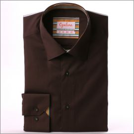 Chemise marron à col et poignets à rayures bleues, marrons et ocres