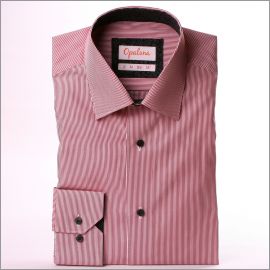 Chemise à fines rayures rouges et blanches, col et poignets à motifs fleuris gris et noirs