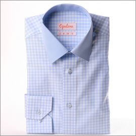 Chemise à carreaux bleus et blancs, col et bande sous les boutons unis bleu clair