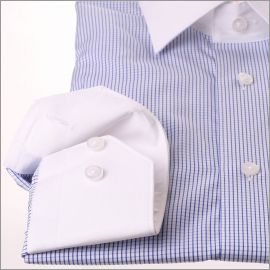 Chemise blanche à petits carreaux bleus, col et poignets blancs