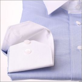 Chemise à petits carreaux pied de poule bleus et blancs, col et poignets blancs