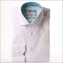 Chemise blanche à col et poignets à motifs turquoises, blancs et bleu marine