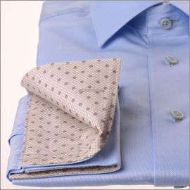 Chemise bleu à col et poignets gris à pois gris
