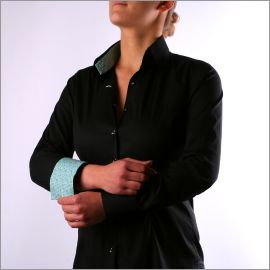Chemisier noir à col et poignets à motifs fleuris bleu vert