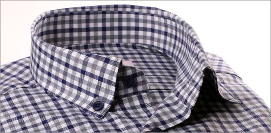 Chemise à carreaux bleu marine, gris et blancs et col boutonné