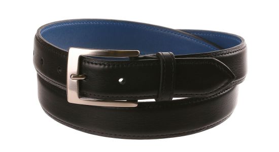 Ceinture noire en cuir à revers bleu