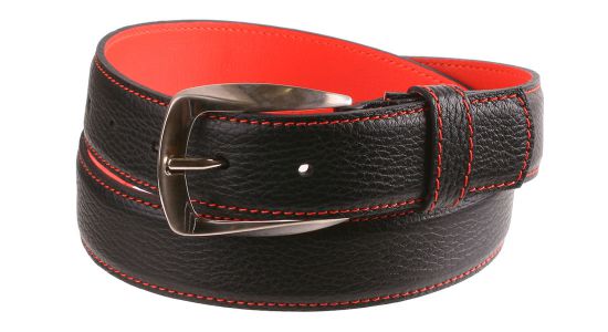 Ceinture noire en cuir à revers et surpiqures rouge orangé