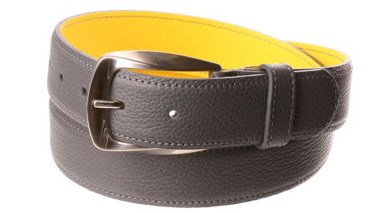 Ceinture grise en cuir à revers jaune