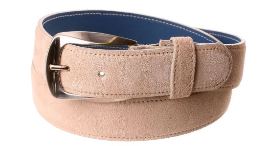 Ceinture en veau velours beige mastic à revers bleu grisé