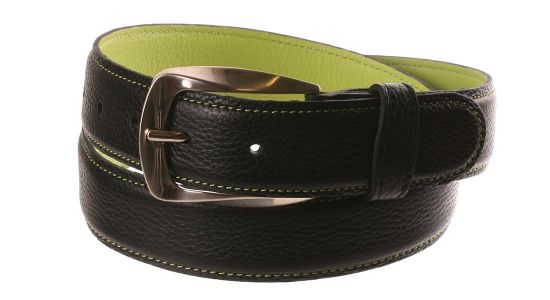 Ceinture en cuir noir à revers et surpiqûres vert pomme