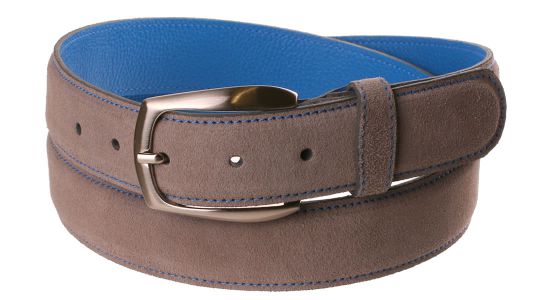 Ceinture en veau velours gris clair à revers bleu turquoise