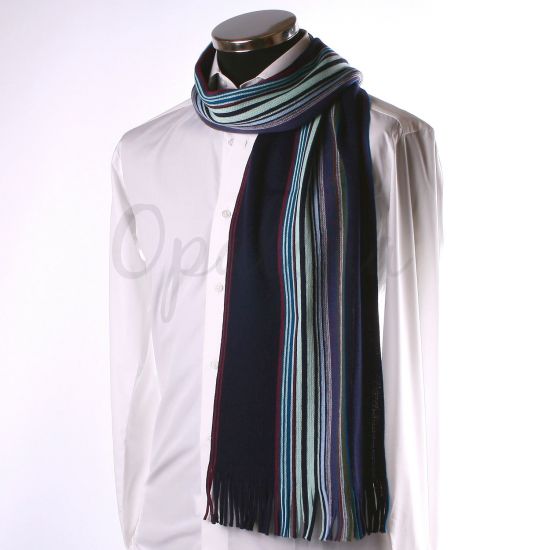 Echarpe bleu marine à fines rayures multicolores
