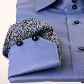 Chemise bleu à col et poignets fleuris bleu marine